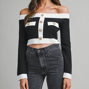 NWT Mable Knit Off Shoulder Black & White Contrast Top with Gold Tone Buttons